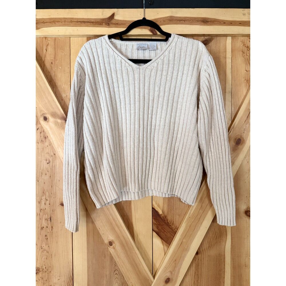 Vintage Y2K Cream Ribbed V Neck Sweater Womens XL Coastal Grandmother Minimalist